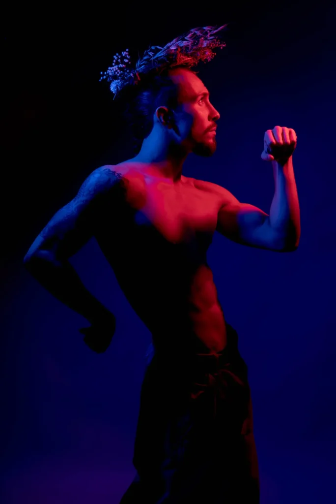 A flower crown in red and blue light