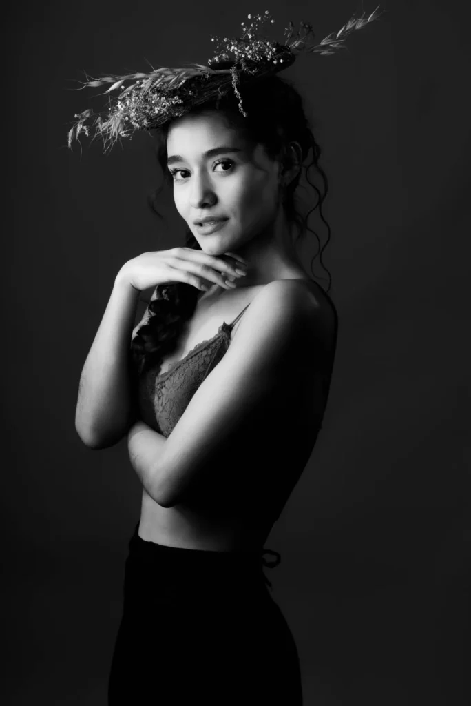 With a crown of dried flowers