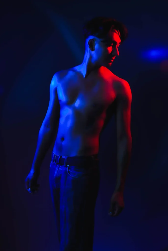 Red and blue light, looking away