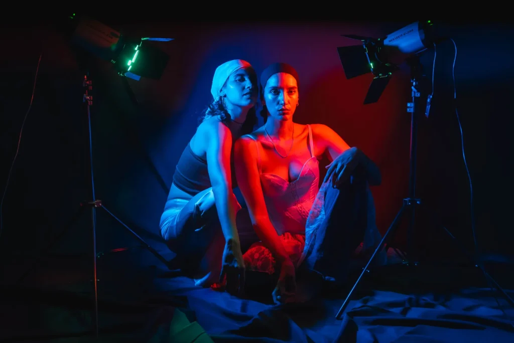 The lights in frame, red and blue