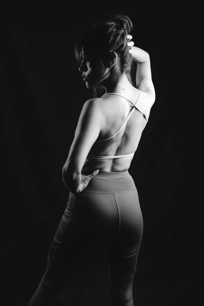 From behind, in black and white